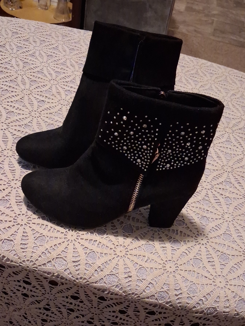 Black Suede-Look Ankle Booties with Crystal Stud Cuff